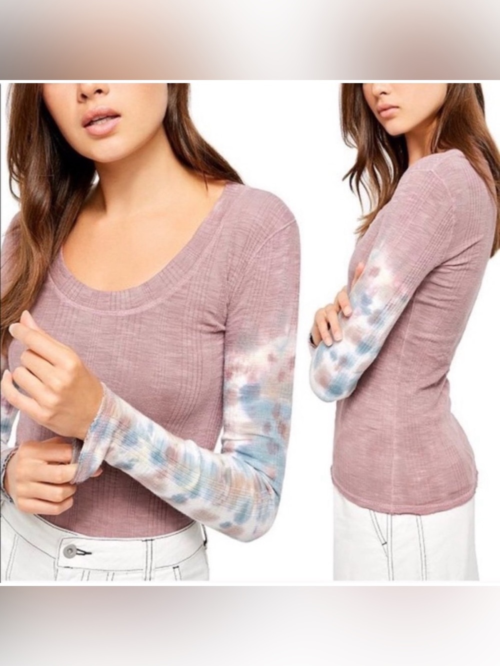 Free People Misty Mountain Mauve Scoop Neck Long Sleeve Pastel Tie-Dye Sleeves S